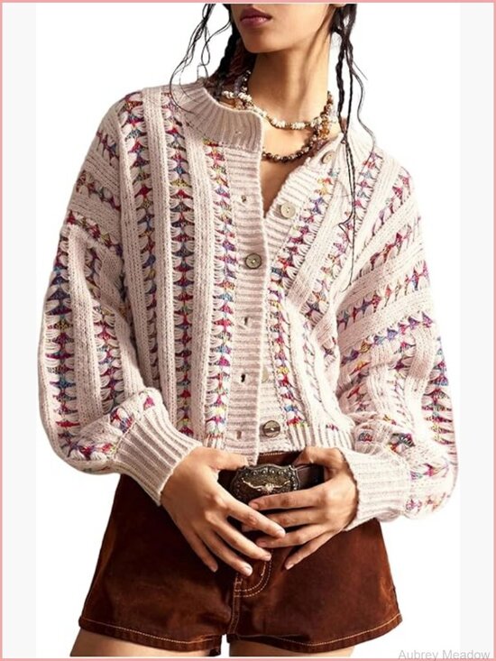Sweaters - Boho Striped Knit Cropped Cardigan Long Sleeve Button Up Sweater Jacket